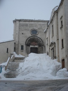 Snow on the steps of the church in Pescocostanzo
